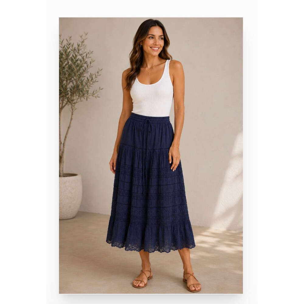 LoveShackFancy Skirt Womens Medium Blue Floral Lace Maxi Boho Tiered Embroidered